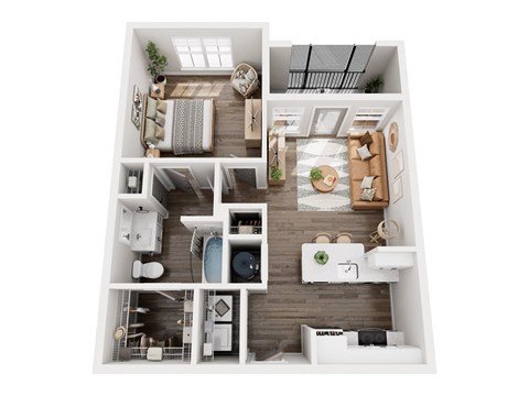 Floor plan for 1 bed, 1 bath, 684 sqft